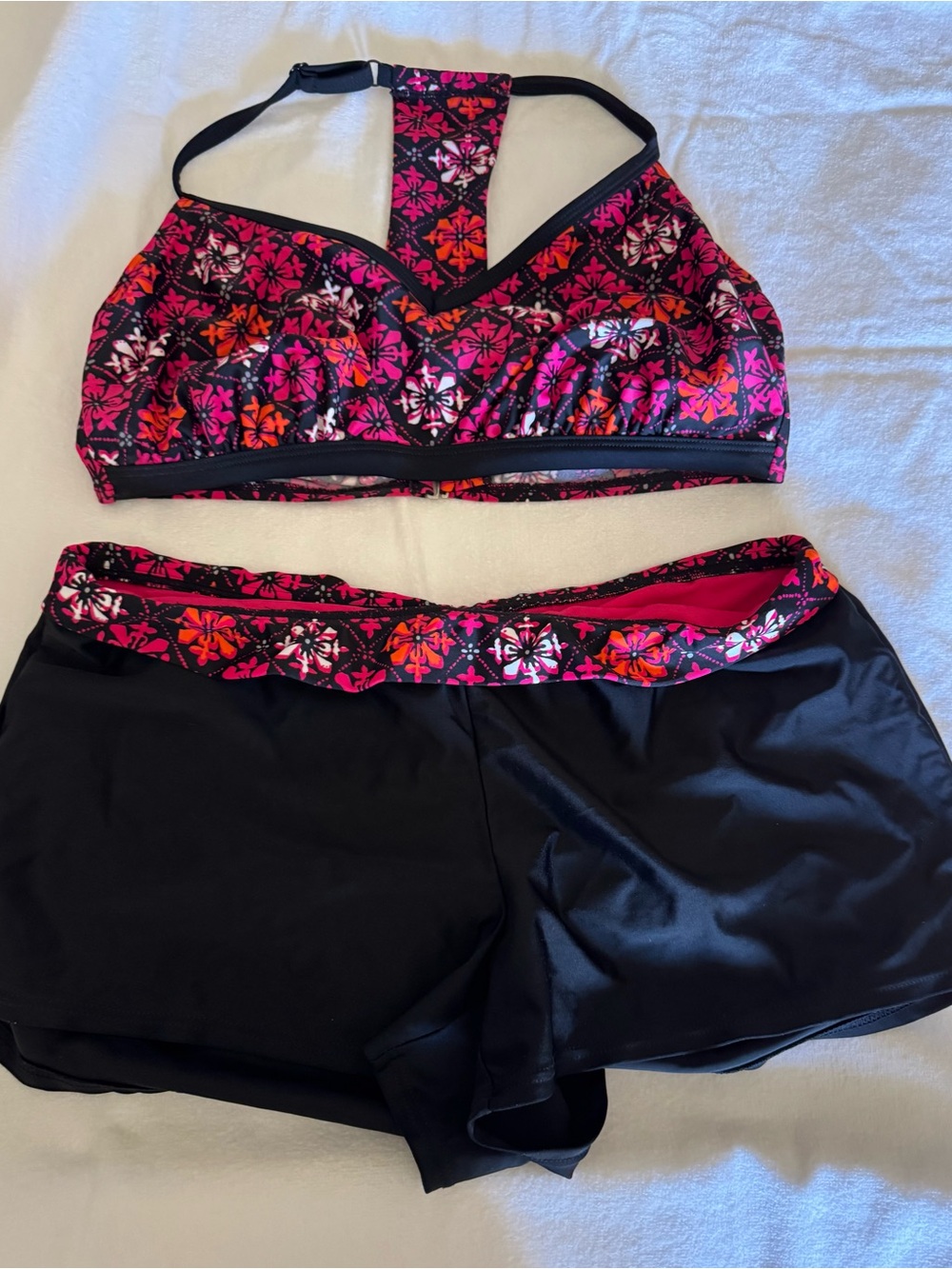 Women’s Two-Piece Swim Set in Pink Floral with Black Shorts